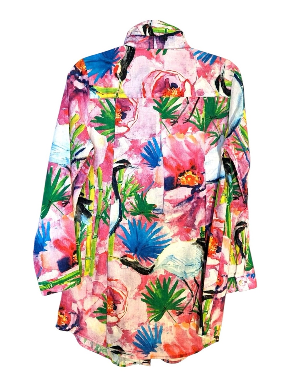 Soft Surroundings XL Tropical Bird Floral Button Front Roll Tab Blouse Colorful - Picture 2 of 13
